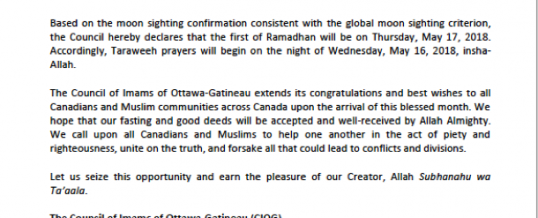 Council of Imams of Ottawa-Gatineau Announcement
