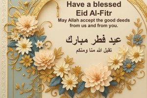 Ornate Eid greeting card with gold and pastel floral decorations framing a cream background. The English text reads, "Have a blessed Eid Al-Fitr. May Allah accept the good deeds from us and from you." Below, the Arabic text says, "عيد فطر مبارك" and "تقبل الله منا ومنكم" which translates to "Blessed Eid al-Fitr" and "May Allah accept [good deeds] from us and from you.